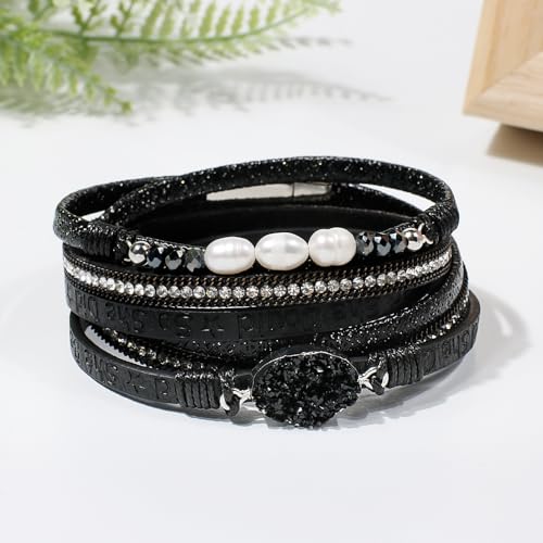 Artilady Leather Wrap Bracelets for Women - Pearl Bracelets Handmade Clasp Bangle Bracelet with Beads Jewelry Gift for Women and Mother - style: So She Did, Black