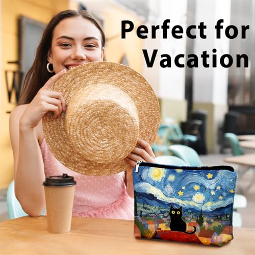 Black Cat Makeup Bag, Black Cat Mom Lovers Lady Gifts Cosmetic Bag for Women, Pet Lover Gifts, Celestial Starry Night Kitten Small Toiletry Bags Zipper Makeup Pouch - color: 02-Cat(08)-Starry Night