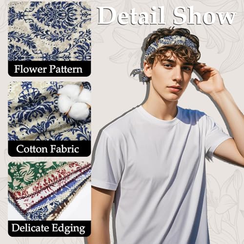 27.16'' Bandanas for Men, Cotton Mens Head Scarf with Flower Pattern Floral Hair Bandana Headband for Daily Casual - color: White Blue