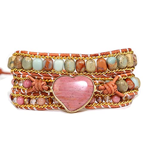 Women Wrap Bracelet Boho Natural Jasper Crystal Stone Beads Strand Bracelets - color: Rhodochrosite