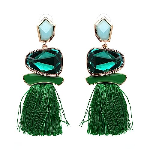 Vintage Long Tassel Drop Dangle Earrings Rhinestone Water Heart Leaf Shaped Boho Statement National Ethnic for Women Multicolor Boho Jewelry - color: Green
