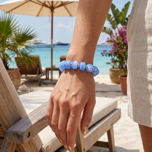 Chunky Beaded Bracelets for Women Boho Multicolor Acrylic Resin Beads Bracelet Adjustable Statement Bracelet Summer Beaded Jewelry - color: Beads bracelet-light blue