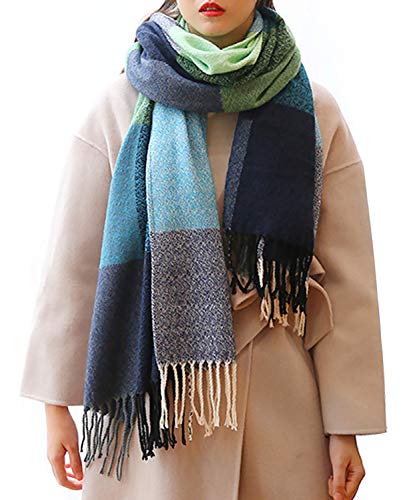 Loritta Womens Scarf Fashion Long Plaid Shawls Wraps Big Grid Winter Warm Lattice Large Scarves Gifts - color: J-green Water Blue Plaid