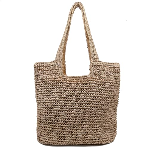Aphoraeny Straw Beach Bag Buckets Totes Handbag Shoulder Tote Bag Straw Purse Summer Purse Women Summer Handbag - color: D-brown
