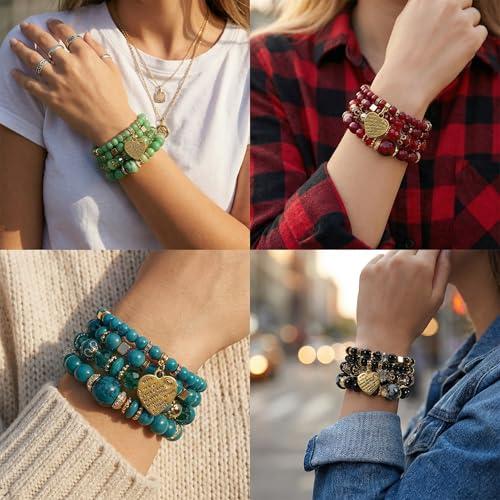 Bohemian Bracelet Sets for Women - 4-Pack Stackable Stretch Bead Bracelets with Black＆White Crystal & Gold Accessories, Multi-Layer Boho Jewelry - color: 6Pack-D