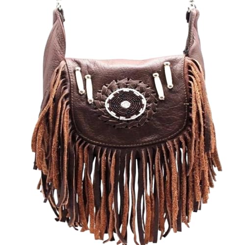 Women’s Genuine Leather Crossbody Belt Bag with Fur Fringe, Braided Bead Handcrafted Design, Clip-On Hip Fanny Pack with Jeans Loop, (J2400LB, Brown) - color: J2400LB-Brown