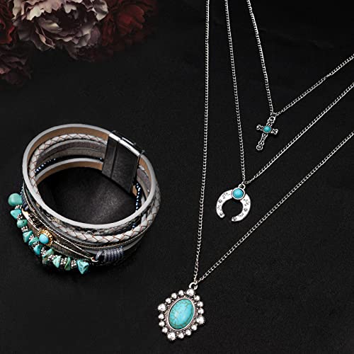 Yowivon Western Jewelry for Women Bohemian Turquoise Jewelry Set Vintage Leather Navajo Pearl Necklace Layer Necklaces Earrings Bracelets Boho Knuckle Rings - style: Boho Style