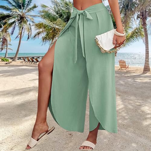 Wide Leg Tie Belted Linen Capri Pants for Women Casual High Waist Irregular Split Hem Palazzo Cropped Trousers - color: Green, size: Medium