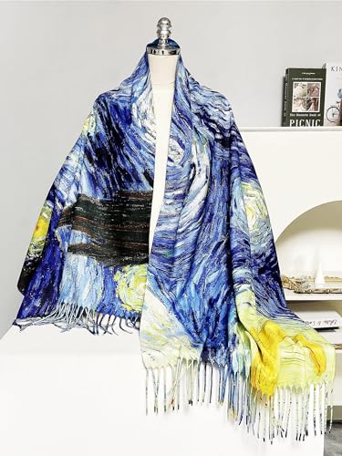 VENVSBEE Reversible Scarf Soft Large Shawl Wrap Blanket Double Sided Art Print Warm Pashmina Stoles Klimt Van Gogh Gifts - color: Art 21