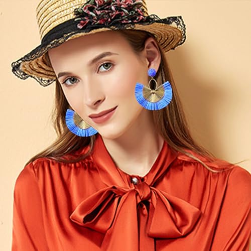 Anmpab Straw Fan Bohemian Tassel Earrings for Women Trendy Colorful Fringe Summer Beach Statement Earrings - color: Blue