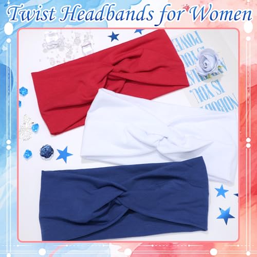 4th of July Short Headbands for Women 3Pcs Red White and Blue Twist Cross Turban Headbands Boho Elastic Non Slip Hair Bands Hair Wraps Accessories - color: Red+Blue+White