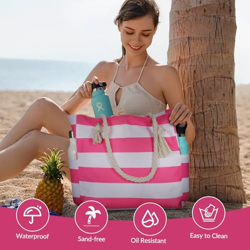 Clothirily Beach Bag for Women - Large Beach Tote Bag, Waterproof Sandproof Beach Bag with Zipper, Large Swim Pool Beach Tote - color: Hot Pink
