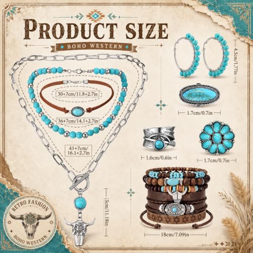 Ecally Bohemian Western Jewelry Turquoise Set Women Country Pendant Long Choker Layered Bracelets Earrings Ring for Women - color: Turquoise, style: Shiny