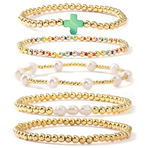 Gold Beaded Cross Bracelet for Women, 14K Plated Adjustable Stackable Dainty Bracelets, Non Tarnish Fashion Jewelry Set Gifts for Women Birthday Friendship - color: Colors-2