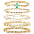 Gold Beaded Cross Bracelet for Women, 14K Plated Adjustable Stackable Dainty Bracelets, Non Tarnish Fashion Jewelry Set Gifts for Women Birthday Friendship - color: Colors-2