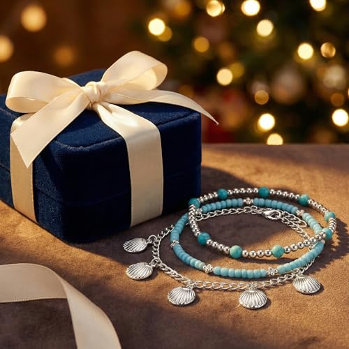 Boho Beads Beach Layered Anklet Set for Women, Handmade Gold Starfish Pearl Shell Anklets Summer Ocean Accessories Jewelry Gift - color: Blue