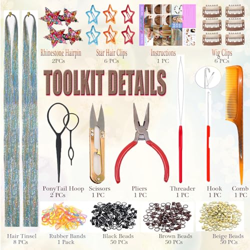 Celinebella Rainbow Hair Tinsel Kit, 48" 2000 Strands Multicolor Shimmer | Vibrant multi-color rainbow shimmer, full tool kit included, heat resistant, great for parties festivals Halloween cosplay - color: 19-Rainbow Mix, size: 48 Inch Pack of 8 PCs