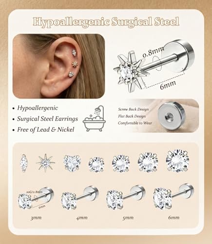 Incaton Hypoallergenic Flat Back Earrings for Women Silver 14K Gold Plated Surgical Stainless Steel Stud Earrings Cubic Zirconia Cartilage Studs Earrings For Multiple Piercing Sensitive Ears - color: SILVER