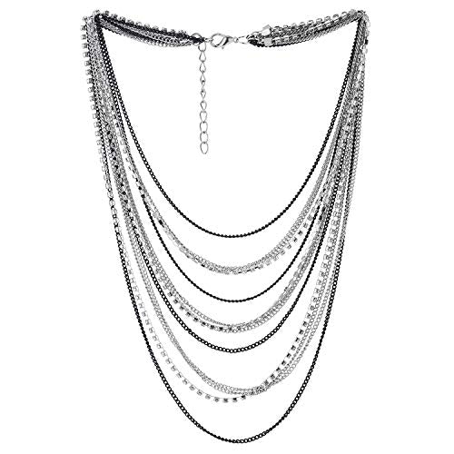 Waterfall Multi-Strand Chains Statement Collar Necklace with Rhinestones Chains, Dress - color: A-Metal Color: Silver & Black