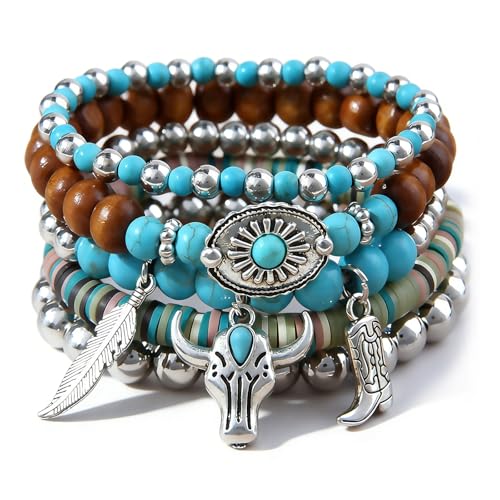 Western Turquoise Beaded Bracelet Stack - Vintage Cowgirl Stretch Set with Bull Skull, Feather & Boot Charms, Handmade Boho Jewelry for Rodeo, Country Concerts & Casual Western Outfits - style: Cow