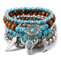 Western Turquoise Beaded Bracelet Stack - Vintage Cowgirl Stretch Set with Bull Skull, Feather & Boot Charms, Handmade Boho Jewelry for Rodeo, Country Concerts & Casual Western Outfits - style: Cow