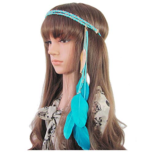 WLBON Halloween Boho Feather Headband Hippie Indian Leaf Hair Hoops Bands Tassel Bohemian Headpiece Hairband Women Xmas Wedding Festival Masquerade Cosplay Dress Up Birthday Party Accessories Blue - color: Blue Tone