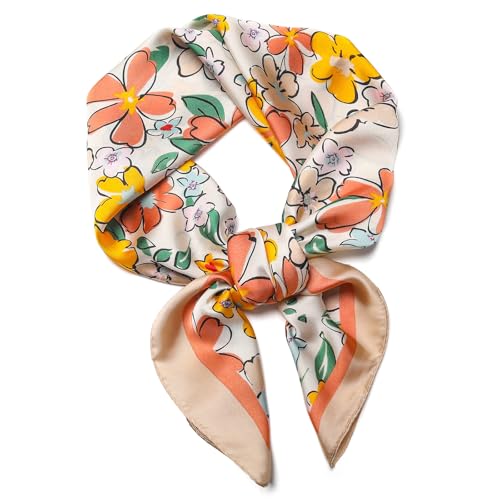 Stlvoll 27.5" Silk Neck Scarf of Women's Fashion Head Scarf Square Neck Satin Scarfs for Bag Hair Scarves Gift - color: Flower/Orange/Green