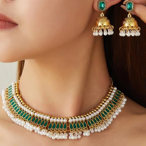 Bohemian Jhumka Earring Necklace Set for Women Bride Wedding Bollywood Crystal Pearl Beaded Antique Gold-Tone Indian Bell Jhumki Dangle Earrings Choker Necklace Ethnic Festive Party Wear Jewelry - color: Green