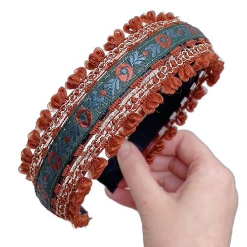 Bohemian Headband for Women-Floral Embroidered Headwrap with Lace Trim Vintage Cute Hair Band for Daily Boho Chic Style (7-Brown, One Size) - color: 7-Brown
