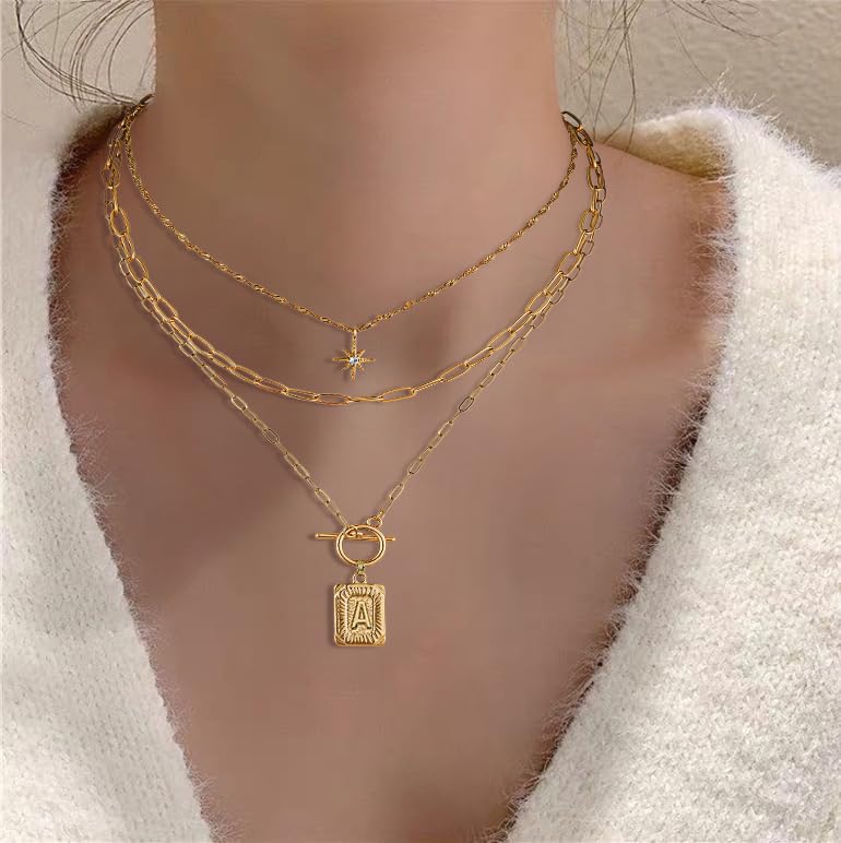 Paxuan Dainty Gold 3-Layer Personalized Initial Necklace for Women - 18K Gold Layered Letter Pendant Necklace Adjustble Paperclip Chain Choker Necklace Jewelry Gifts with Star Charm - style: Letter A