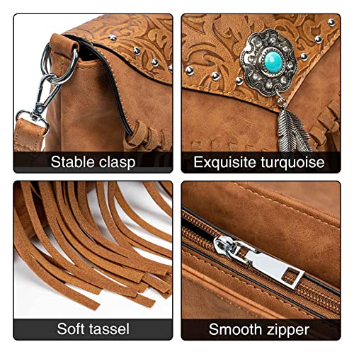 LAVAWA Small Crossbody Bags for Women Crossbody Handbag Fringe Purse Tassel Shoulder Bag Turquoise Concho Wallet - color: Light Brown