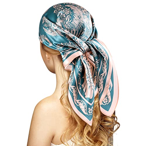 Stlvoll 100% Silk Head Scarf for Women - 27" Hair Scarves Satin Bandanas Square for Night Sleeping with Gift Packed - color: Green/Flesh Color