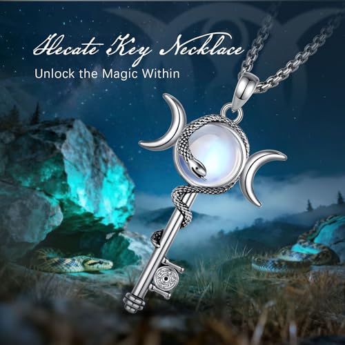 INFUSEU Mystical Hecate Triple Moon Goddess Necklaces, Divine Feminine Protection Gifts - style: Moonstone Hecate Key - Silver