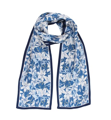 ANDANTINO 100% Silk Scarf for Women 59”*6.3” Long Shawls for Headscarf and Neck- Oblong Hair Wraps with Gift Packed - color: Blue&white Lilies