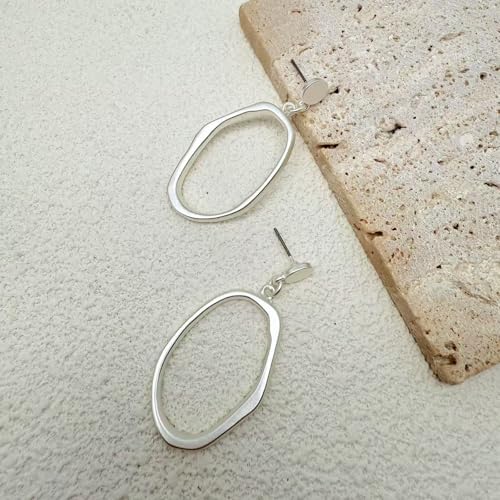 Stud Earrings for Women 14k Gold Plated Geometric Dangle Earrings Lightweight Minimalist Handmade Hammered Texture Oval Disc Drop Double-layer Big Hoop Dangle Earrings for Women - color: Hoop Dangle Silver
