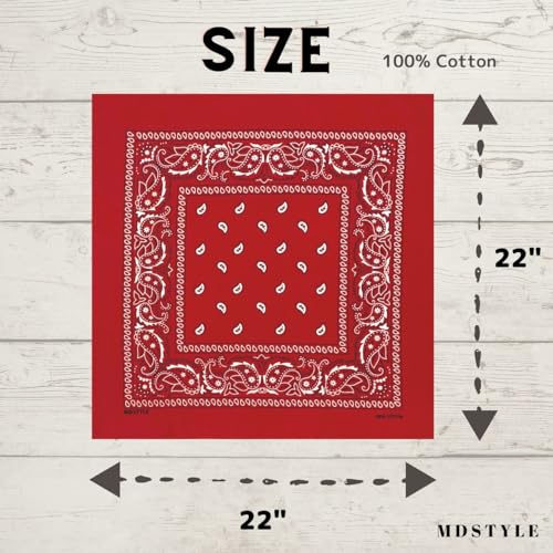 MDSTYLE 6 Pack 100% Cotton Bandanas 22” x 22" for Men & Women Paisley Handkerchief Headband Scarf Bandana - color: Red