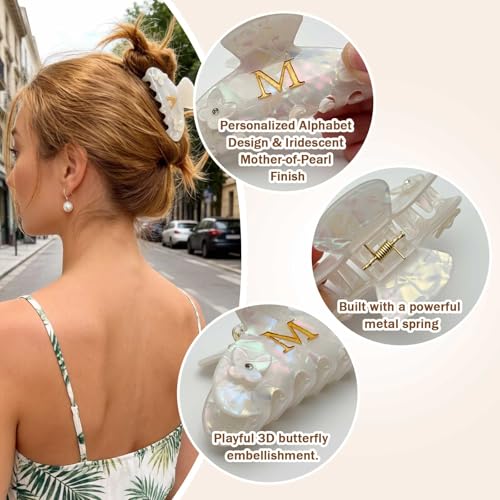 Iridescent Pearl Hair Claw Clip with Butterfly & Initial Charm, Fashionable Acrylic Hair Accessories for Women - color: T
