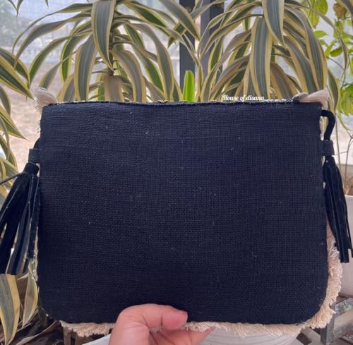 Handcrafted Boho Clutch Purse, Beaded Geometric Pattern with Fringe, Crossbody Evening Bag - color: Black
