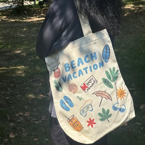 Canvas Tote Bag with Zipper for Women, Aesthetic Tote Bag with Pocket for Vacation, Shopping, Travel, Beach - style: Beach Vacation