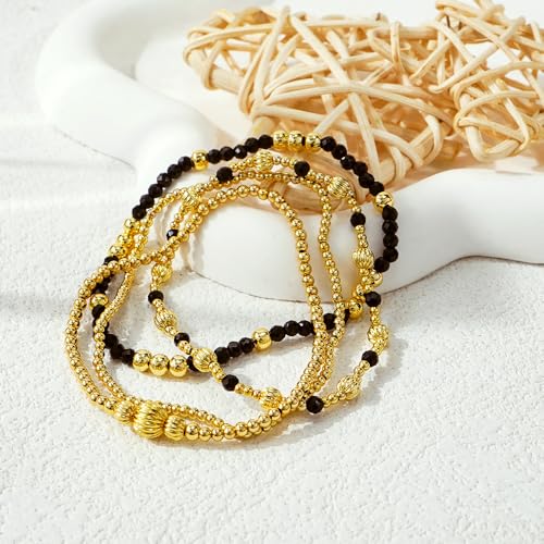 Dainty 14K Gold Lantern Beaded Bracelets Stack for Women,4PCS Colorful Glass Beads Stretch Stackable Bracelets Set Fashion Prom Jewelry Gift Friendship - color: Black