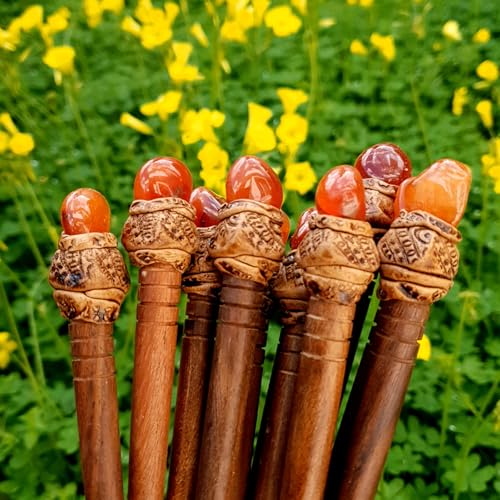 Natural Tumbled Healing Gemstone Crystal Wooden Hair Stick Handmade Gifts Boho Reiki by Smoky Quartz (Carnelian) - color: Carnelian