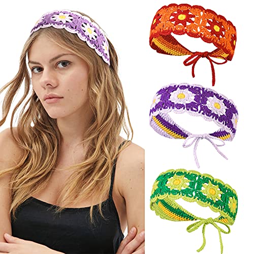 CHLINS Daisy Floral Elastic Handmade Crochet Headbands - 3PCS Bohemian Knit Head Wraps for Women and Girls (Colorful: Purple, Green, Orange) - color: (Colorful) Purple+Green+Orange