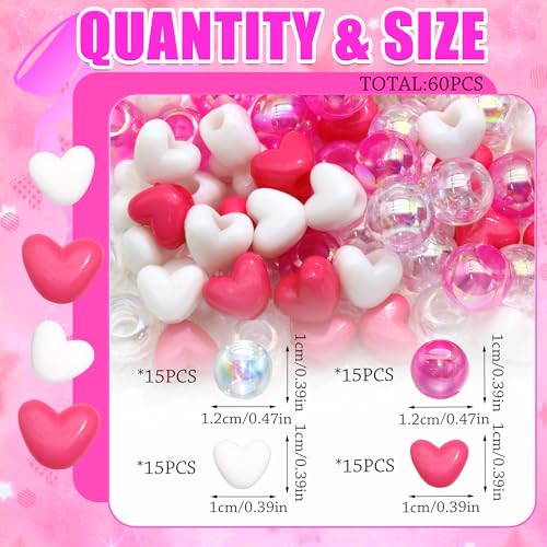 60PCS Heart Hair Beads Hot Pink Loc Bead for Kids Girls Clear White AB Color Round Beads Cute Acrylic Hair Bead Accessories for Valentine's Day - color: Hot Pink&White