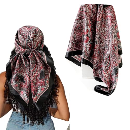 Hexchasty 35”Head Scarf Satin Silk Like Hair Scarf Large Square Head Scarves Bandana Head Wraps Headscarfs for Women Green - color: A-black Mixed