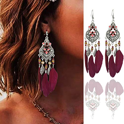 Bohemian Earrings Feather Tassel Silver Ethnic Retro Boho Dangle Earring Bead Women Jewelry for Birthday Party Gifts (Red) - color: Red