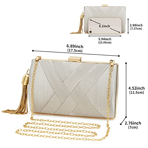 Women Clutch Bag Evening bag Fringed Evening Handbag,Lady Party Wedding Clutch Purse Chain Shoulder Cross Body Bag - color: Silver