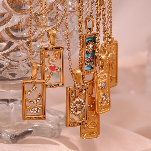 Gold Tarot Card Necklace for Women Men, Non Tarnish 18K Gold Plated Vintage Lucky Charm Square Pendant Talisman Amulet Necklaces Unisex Jewelry - style: The Star