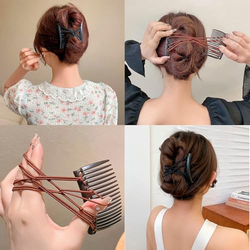 6 Pieces Stretchy Double Hair Combs - Magic Adjustable Elastic No Crease Bun Maker Accessories for Women's Curly, Thick, Wavy Hair Ponytails