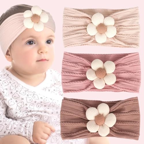 Baby-Girls Floral-Bows-Headband Baby-Turban-Knotted-Elastic-Soft-Headwrap for Newborn-Infant-Toddler Hair-Accessories - color: Khaki+Beige+Pink 3pcs