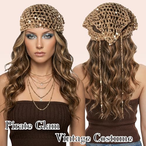 Ababalaya Crochet Cotton Head Scarf Boho Hollow Out Triangle Scarf with Shiny Sequin Y2K Hair Scarf - color: Khaki